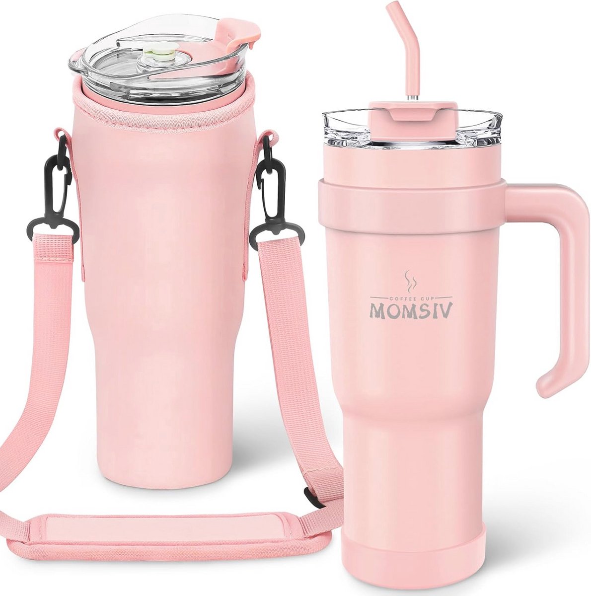 Thermobeker met Rietje en Handvat - 1100 ml Dubbelwandig Roestvrij Staal - Lekvrij Isolatiebeker voor Warme en Koude Dranken - Roze