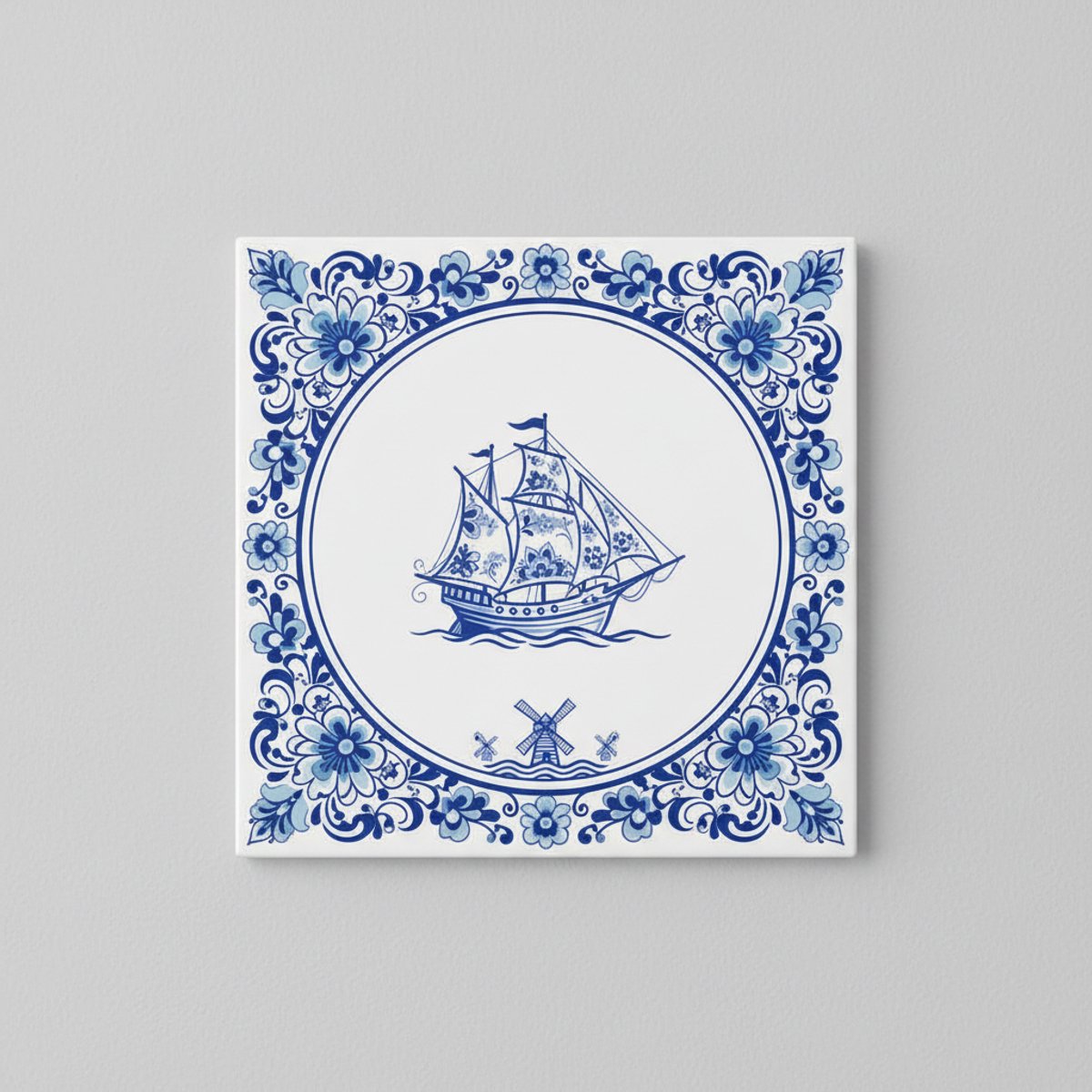 Delfts Blauw Zeilschip Decoratieve Keramische Tegel 15x15 cm – Traditioneel Nederlands Sch