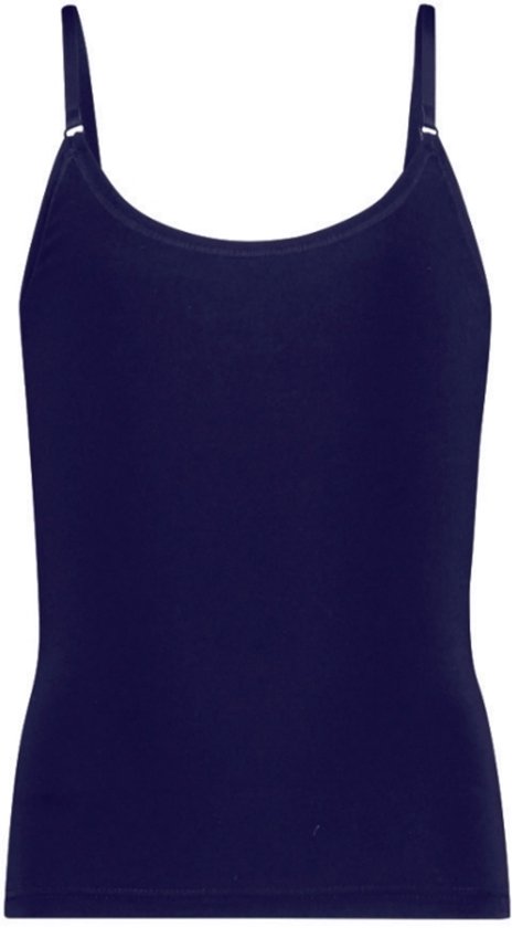 Een effen marineblauwe kanten top met verstelbare bandjes.