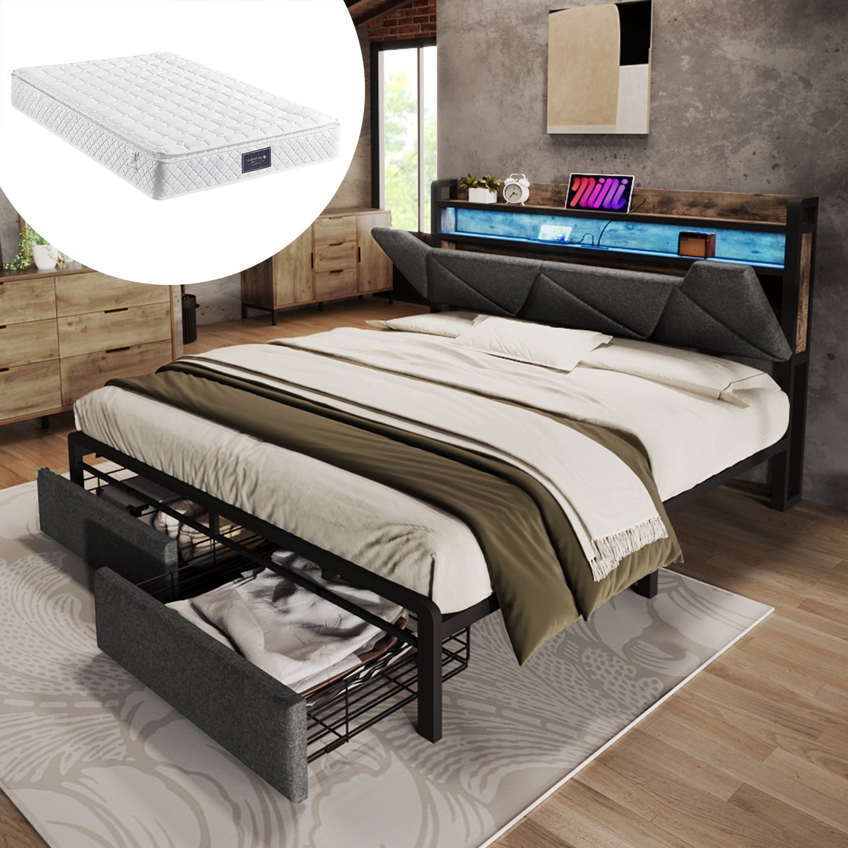 Wishdor Smart LED Bed 140x200 cm – Opberghoofdbord & 2 Lades – USB/Type-C – Grijs Linnen – App Bediening