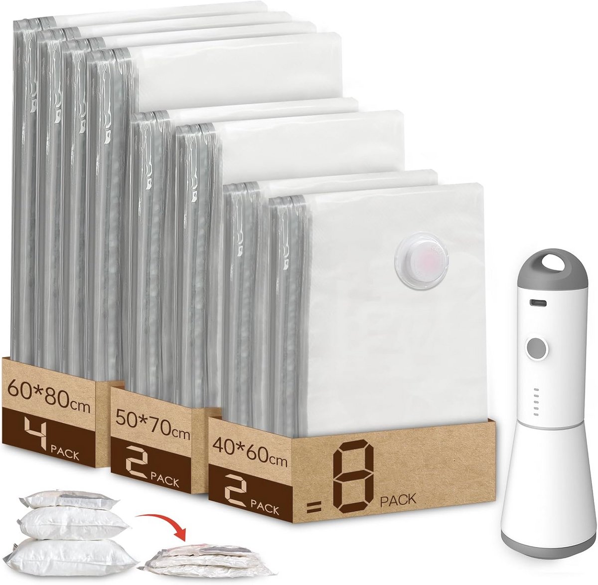 Stofzuigerzakken voor Kleding met Draadloze Vacuümpomp - 8 Stuks (4 Grote, 2 Middelgrote, 2 Kleine) - Herbruikbare Oplossing voor Dekbedden, Matrassen, Dekens en Kussens