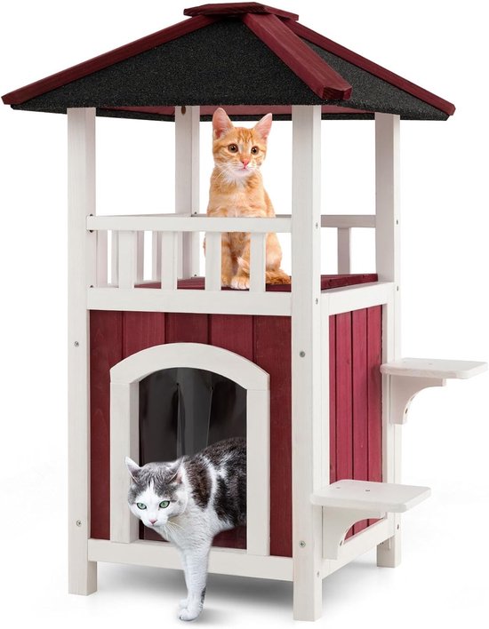 COSTWAY Kattenhuis voor buiten, winterbestendig, houten kattenhok met 2 verdiepingen, kattenhol met terras, asfaltdak en gordijn & 2 springtorens, kattenvilla buiten, houten hok voor katten, 58 x 50 x