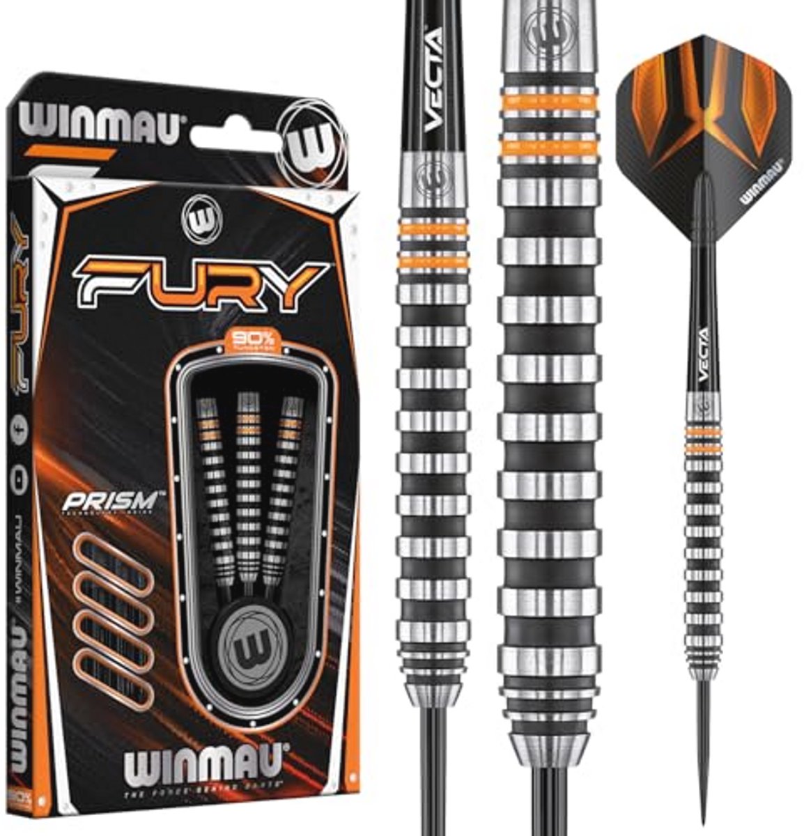Winmau Fury 22-28 Gram Tungsten dartpijlen met prisma flights en vectaschachten (Stems)