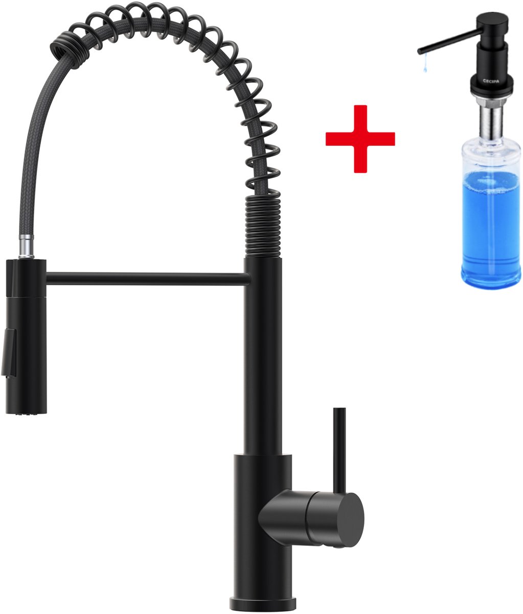 Anycee Max Keukenkraan Met Uittrekbare Uitloop - keukenkranen Zwart - Met Zeepdispenser 300ML - Keukenmengkraan inclusief aansluitingen - Handdouche - Flexibele Slang –2 straalsoorten - Zwart