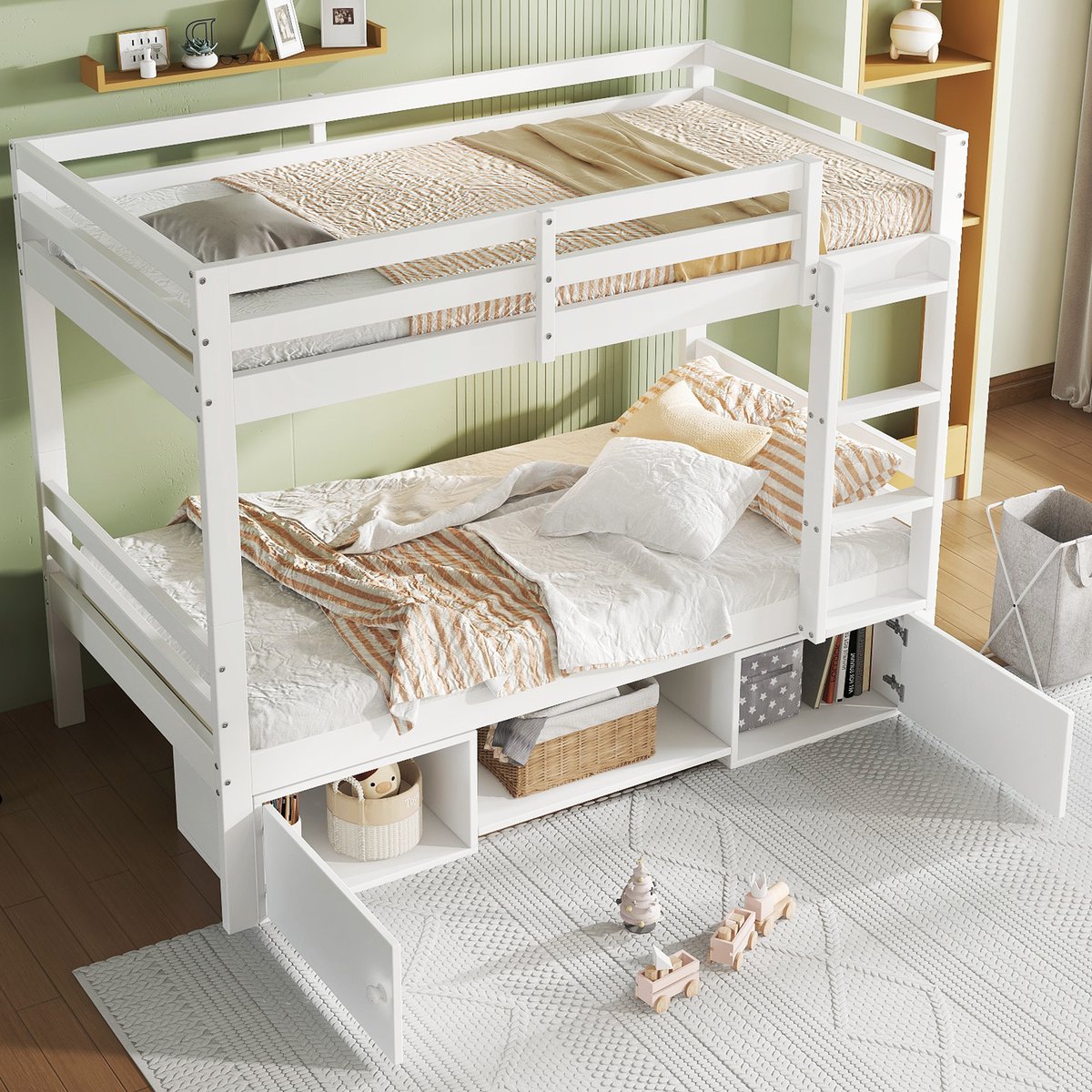 Wishdor Splitsbaar Stapelbed 2x 90x200 cm - Schoenenkast & Opbergrek - Wit Hout - Flexibel & Opgeruimd