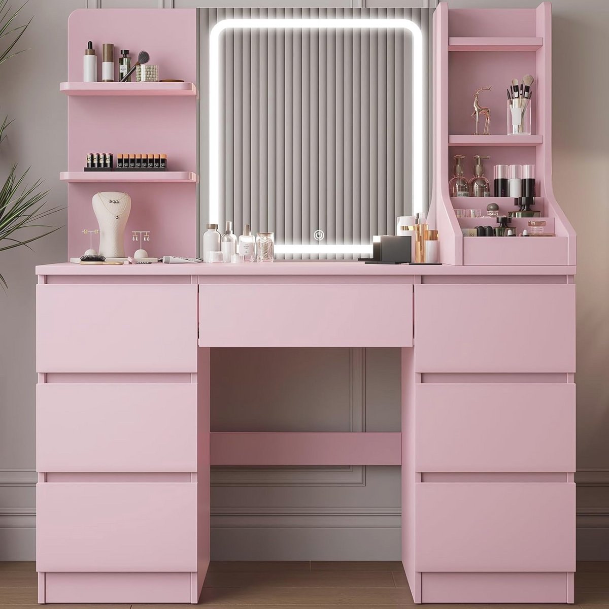 Moderne Kaptafel met LED Spiegel en Verlichting, instelbare helderheid, 4 planken en 7 laden, 110 x 40 x 139 cm, grote opbergruimte (Roze)