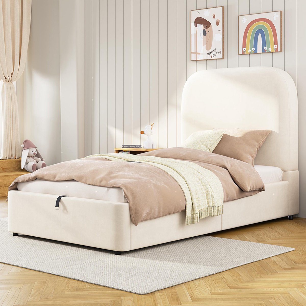 KOMHTOM BLACKCOLORS Gestoffeerd bed, eenpersoonsbed, kinderbed 90 x 200 cm, functioneel hydraulisch bed, bed met lattenbodem, hoofdeinde en grote opbergruimte, gestoffeerd hoofdeinde, fluweel, beige