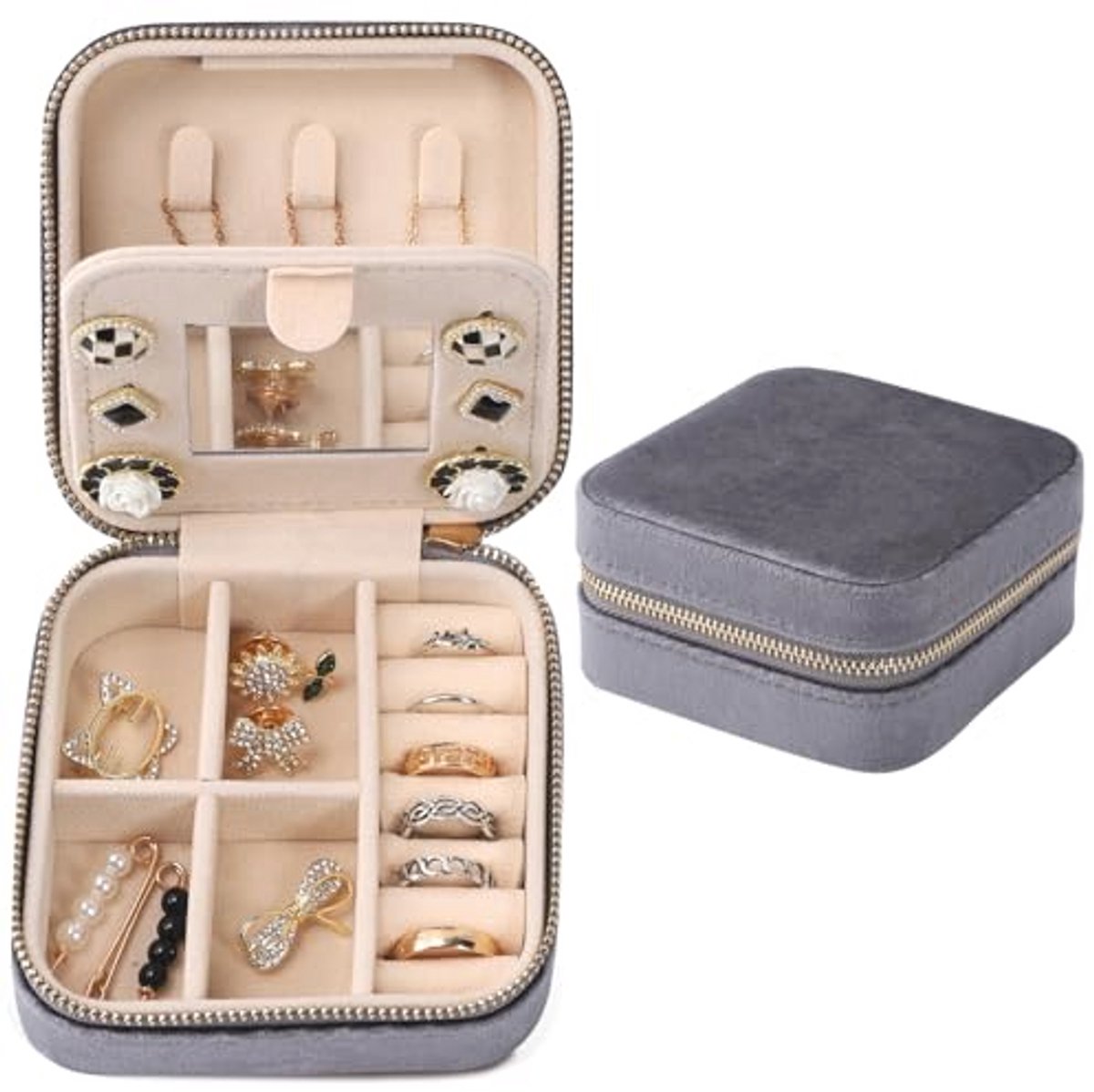 Fluwelen reisjuwelendoos - Draagbare mini sieradenetui met spiegel voor oorbellen, armbanden, ringen en kettingen