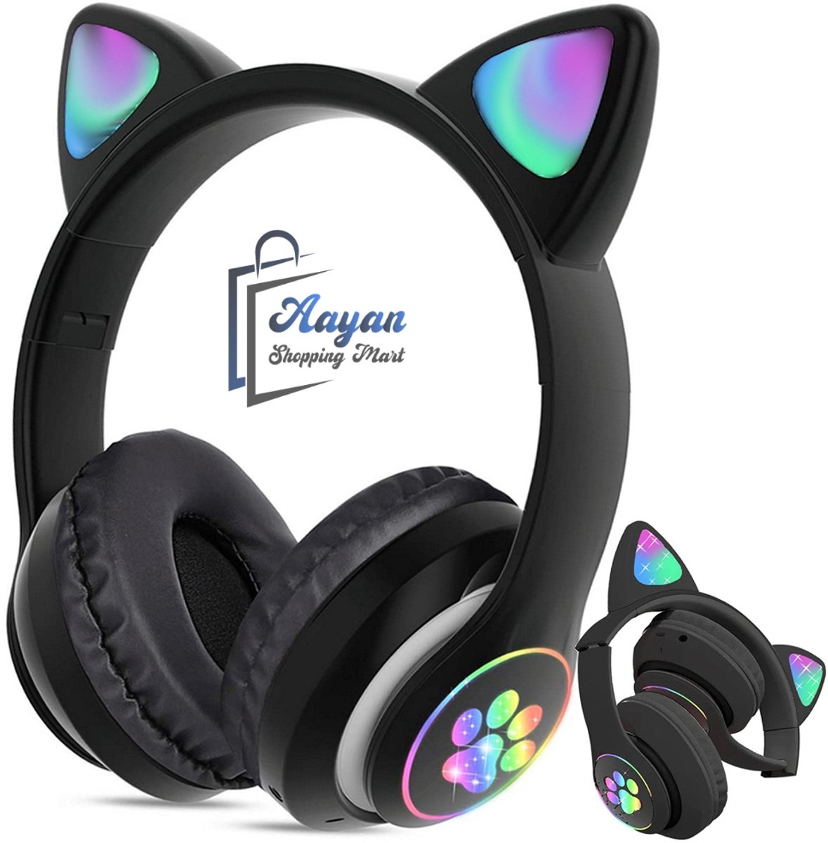 Draadloze Bluetooth Koptelefoon met FM, MP3 & LED Kattenoren–bluetooth koptelefoon–bluetooth headset– Draadloze Koptelefoon voor Kinderen–Led Verlichting –Katten Oortjes–zwart–55640