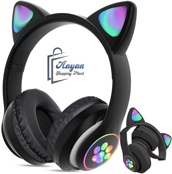 Draadloze Bluetooth Koptelefoon met FM, MP3 & LED Kattenoren–bluetooth koptelefoon–bluetooth headset– Draadloze Koptelefoon voor Kinderen–Led Verlichting –Katten Oortjes–zwart–55640