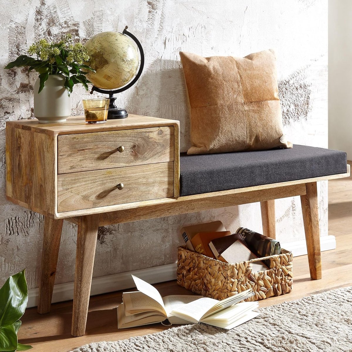 Retro Stoffen Gangbank met Opbergruimte – 120x65x40 cm - Zwart - Medahomestore