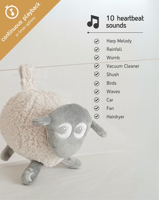 Ewan Deluxe - Grijze Oplaadbare White Noise Slaapknuffel voor Baby’s - Met smartCRY Huilsensor, Rode Slaaplamp & 10 Rustgevende Geluiden van Merkloos — afbeelding 3