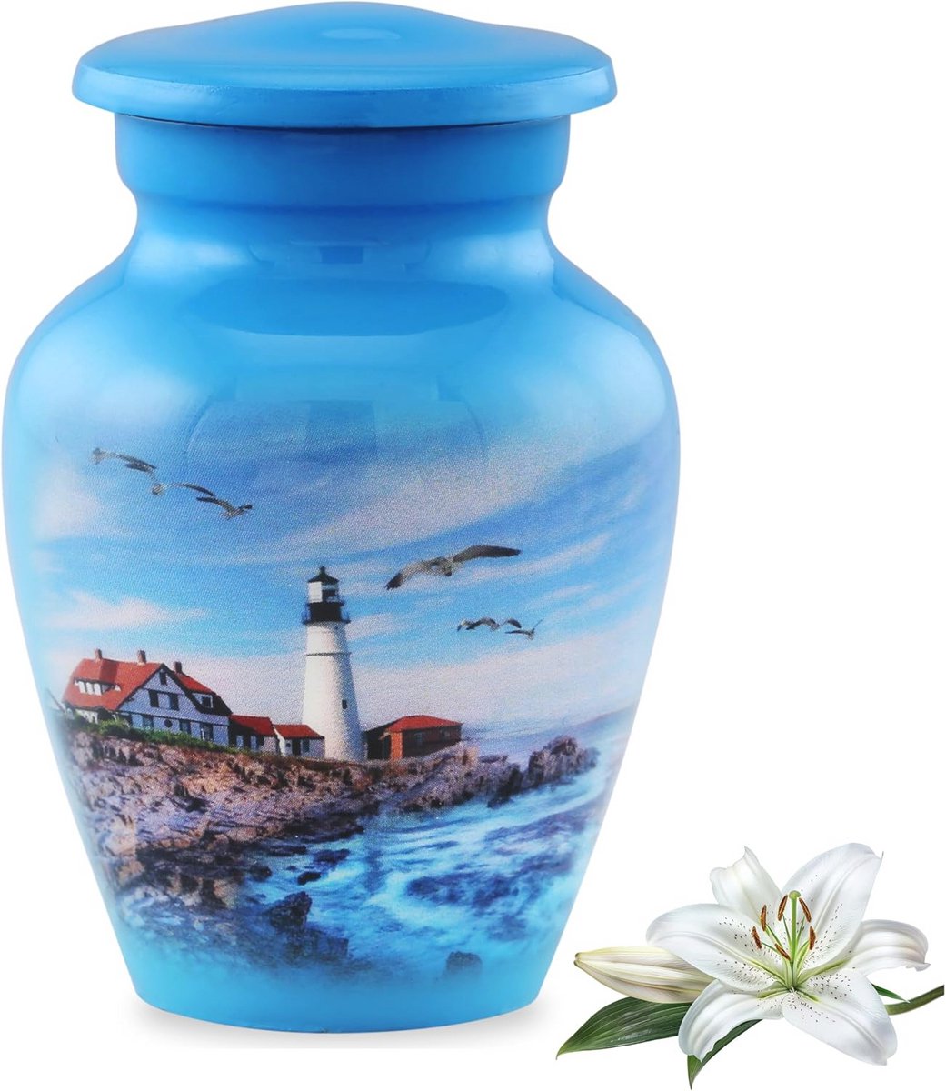 Handgemaakte Mini Urn voor As met Vuurtoren Design - Perfecte Aandenken voor Geleefde Degenen