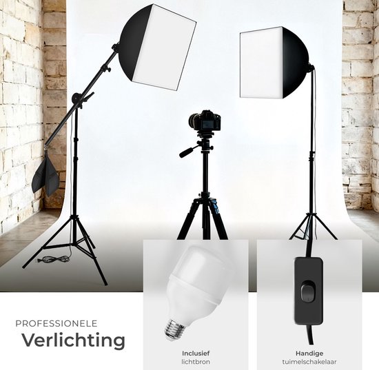 Softbox Lighting Set, Camnoon Photography Kit with 3 Softbox, 3 85W 2800K- 5700K Two-Tone Temperature LED Light, 3 Backgrounds, Boom Arm Stand, Carry Bag, for