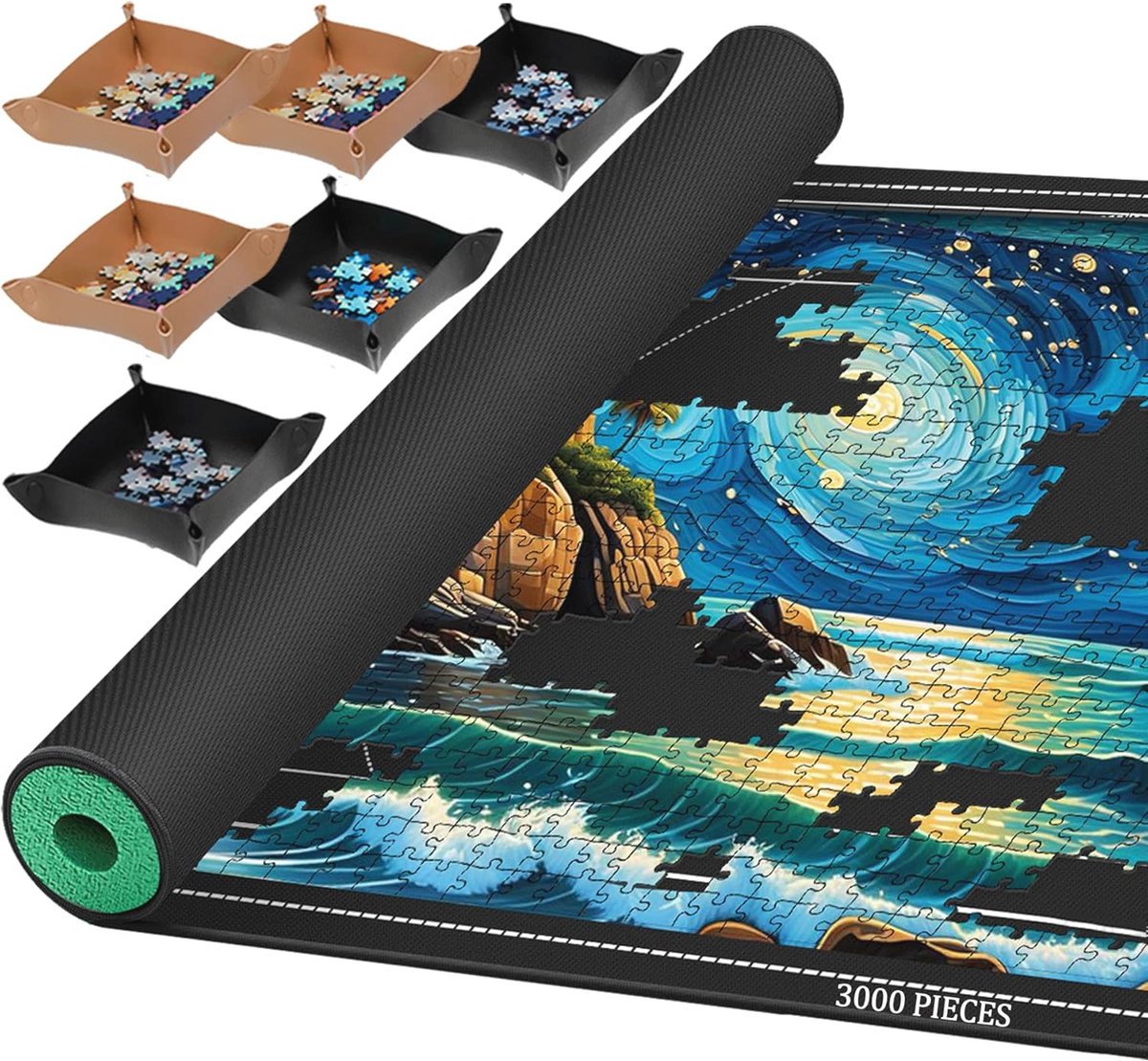 Oprolbare Rubber Puzzelmat voor 2000, 1500 en 1000 Stukken, Inclusief Opbergbakjes en Lijmvellen