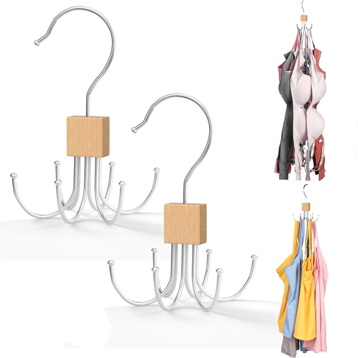 QTTVBTNA - Multifunctionele 6-Haak Kapstok - 360° Draaiend - Voor Kleding, Sjaals, Riem, Stropdas - Houtkleur - 14x10.5cm - Set van 2