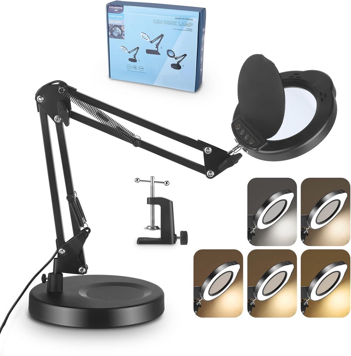 Verstelbare LED Loep met Licht en Standaard voor Reparatie, 15x Vergroting, 2-in-1 Bureaulamp met Klem en Basis, 5 Kleurmodi, Traploos, 360° Draaibaar
