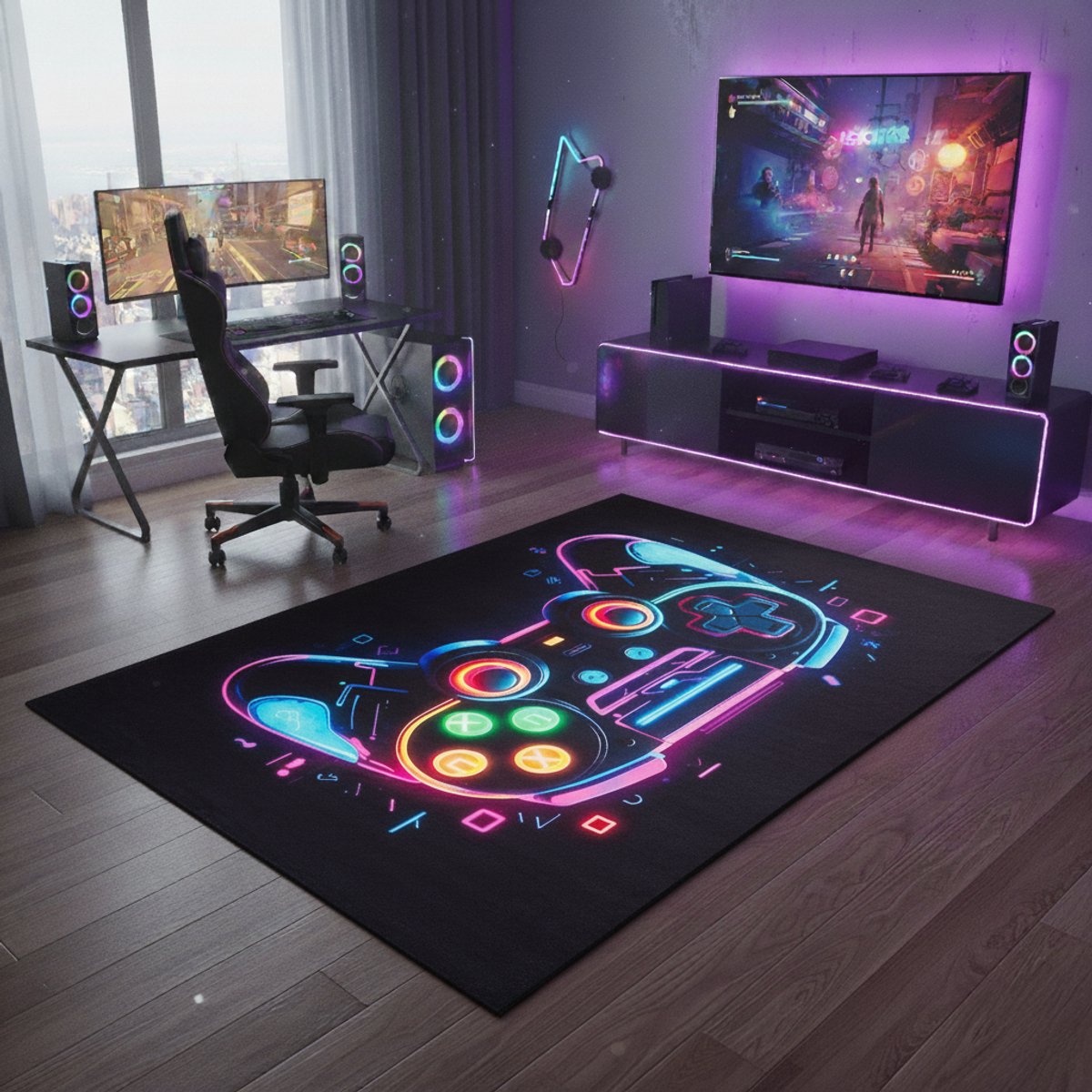 Tapiso COSMO GAME Gamer Vloerkleed Gaming Tapijt met Neon Controller Kinderkamer & Jeugdkamer Decor Rutschvast, Modern Laagpolig Kleed Antislip Licht te Reinigen- 200x300