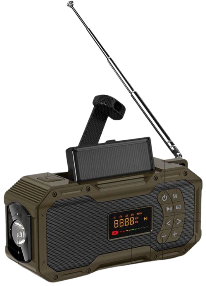 Denk Vooruit - Camp & Survive PRO Radio – Multifunctionele Noodradio met Solar, Hand-Crank, Powerbank, LED Lamp & AM/FM/WB | Outdoor Emergency Radio