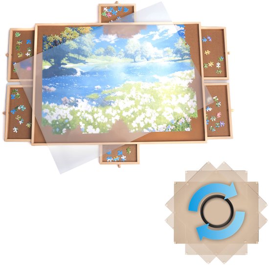 Puzzelbord met puzzel en lades, met een apart pictogram van een draaiende ring met pijlen.