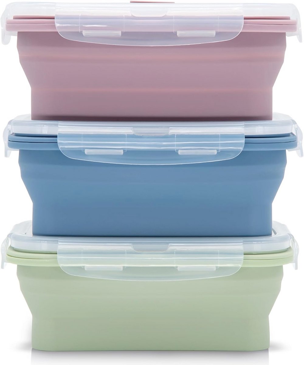 Opvouwbare Vershouddozen - 3 Delen - Siliconen Broodtrommels voor Voedselopslag, Veilig voor Vriezer en Oven - Ideaal voor Kamperen, Wandelen en Reizen - 1200 ml