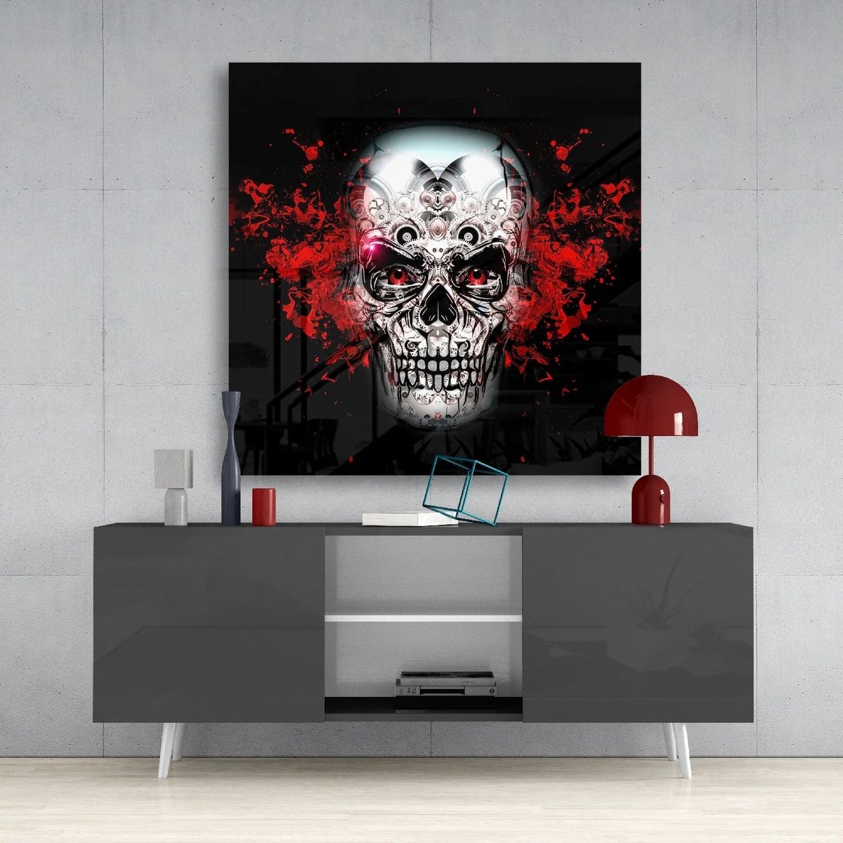 Glasschilderij Vierkant – Rode Schedel Kunst – Abstract Skull Design – Stoere Moderne Wanddecoratie - 40x40 cm