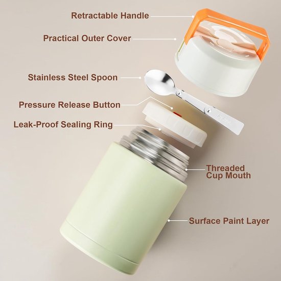 Soepthermo Voor Warme Maaltijden Volwassenen - 800ml Thermo Bentoboxen- Thermische Lunchbox Voor Warme Gerechten - VacuüMvoedselthermo Van Roestvrij Staal - Voedselcontainer - Voor Warme Gerechten Thermo-Bentoboxen Kantoor Werk Picknick(Groen) van Merkloos — afbeelding 3