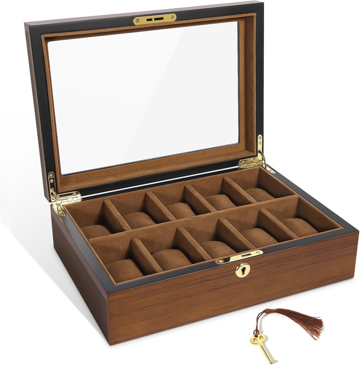 Houten Horlogedoos met 10 Vakken en Gouden Slot - Perfecte Opbergoplossing voor Mannen