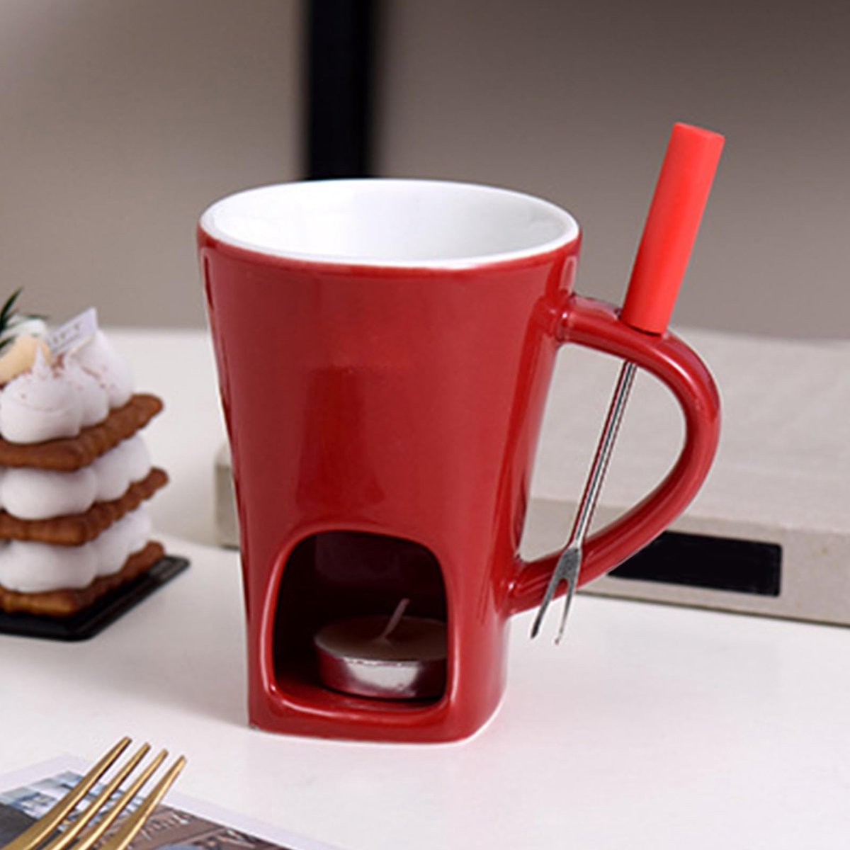 Ynkkvre - Chocoladefonduebeker - Smeltbeker - Chocolade Fondue Set - Verwarmde Smeltbeker - Keramisch Materiaal - Inclusief Vork - Eenvoudig Schoonmaken – foto 5