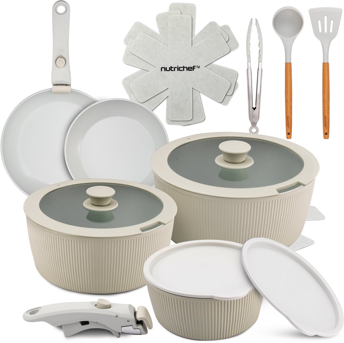 NutriChef 18-delige Pannenset Inductie - Anti-aanbak Pannen en Potten Keramische Kookgerei Set met Afneembare Handgrepen - PTFE- Oven- en Fornuisbestendig - Inclusief Keukengerei, Groen