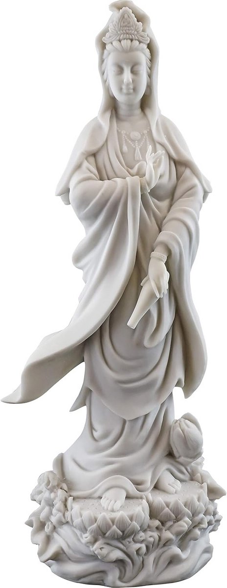 Kwan Yin Standbeeld op Lotus Pedestal - Beeld van Mededogen en Barmhartigheid in Witte Marmeren Afwerking - 12,5 Inch Boeddhistische Beeld