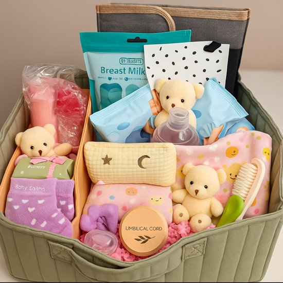 Kraamcadeau Baby Girl - Luxe Kraammand- Complete Baby & Mama Verzorgingsmand- 19 delige Giftset- Premium Maternity Basket