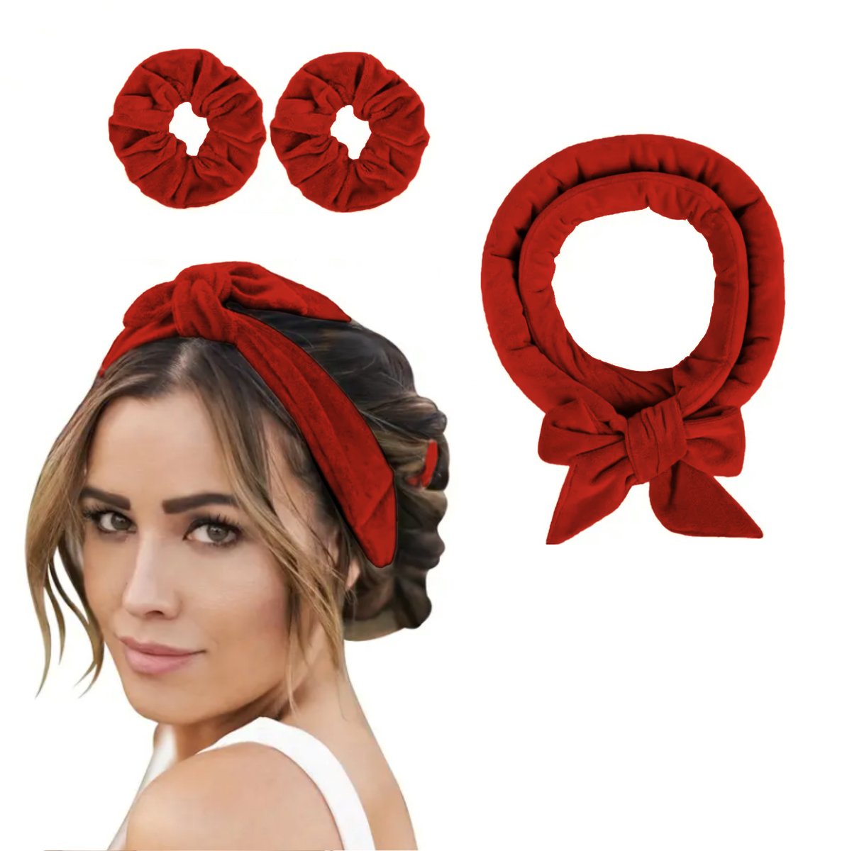 Delfts Roze - Heatless Curls - Krullen zonder hitte - 3-delige set - Rood