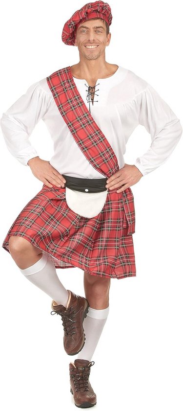 Man in Schots kostuum met witte blouse, rode ruitkilt, sjerp, binnenzak en baret.