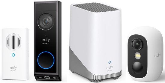 Eufy beveiligingsapparaten: een deurbel, een HomeBase 3, en een eufyCam C35.