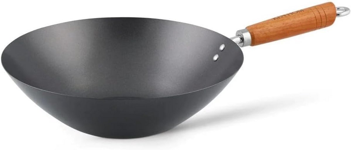 Koolstofstaal Wok 35cm met Antiaanbaklaag en Houten Handvat