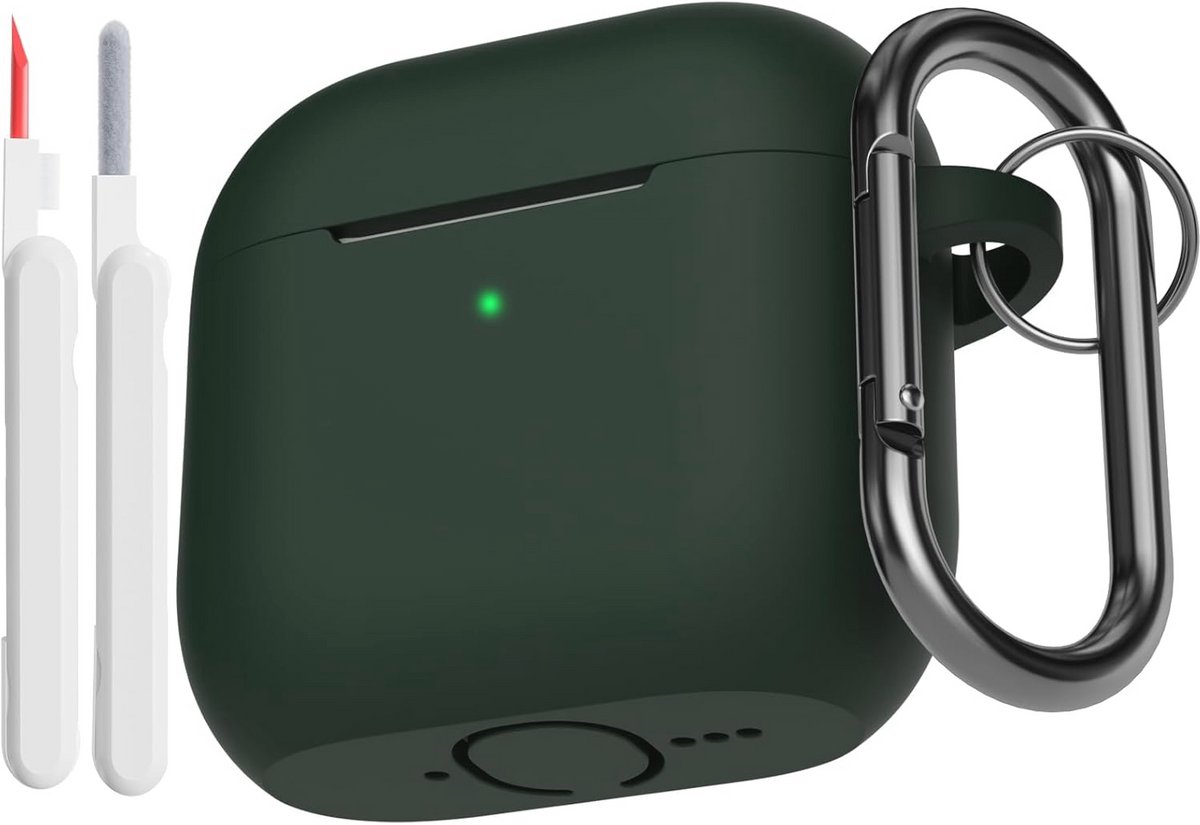 Zachte siliconen beschermhoes voor AirPods 4e generatie met reinigingsset en karabijnhaak - Donkergroen