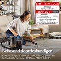 Vrouw gebruikt BISSELL SpotClean C5 op een tapijt, met vermelding 'Bekroond door deskundigen' en 'SEHR GUT 92,0 %'.