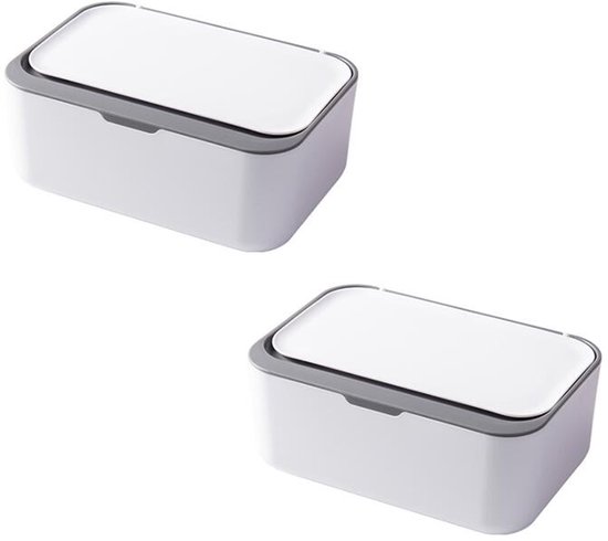 Twee witte vochtige doekjes dispensers met grijze randen, op een witte achtergrond.