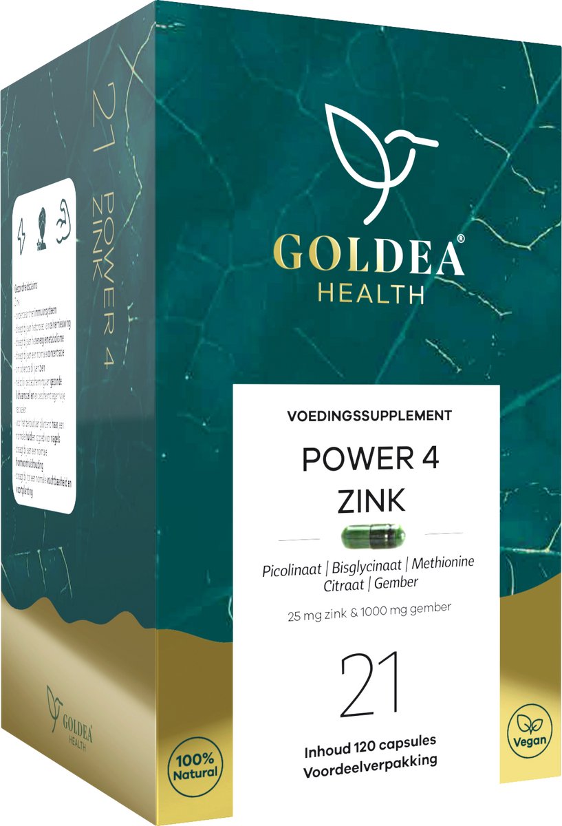 Goldea Health Power 4 Zink - Vegan - Voedingssupplement - 25 mg - Zink Picolinaat, Bisglycinaat, Methionine & Citraat - Met Gemberextract - Voordeelverpakking - 120 capsules