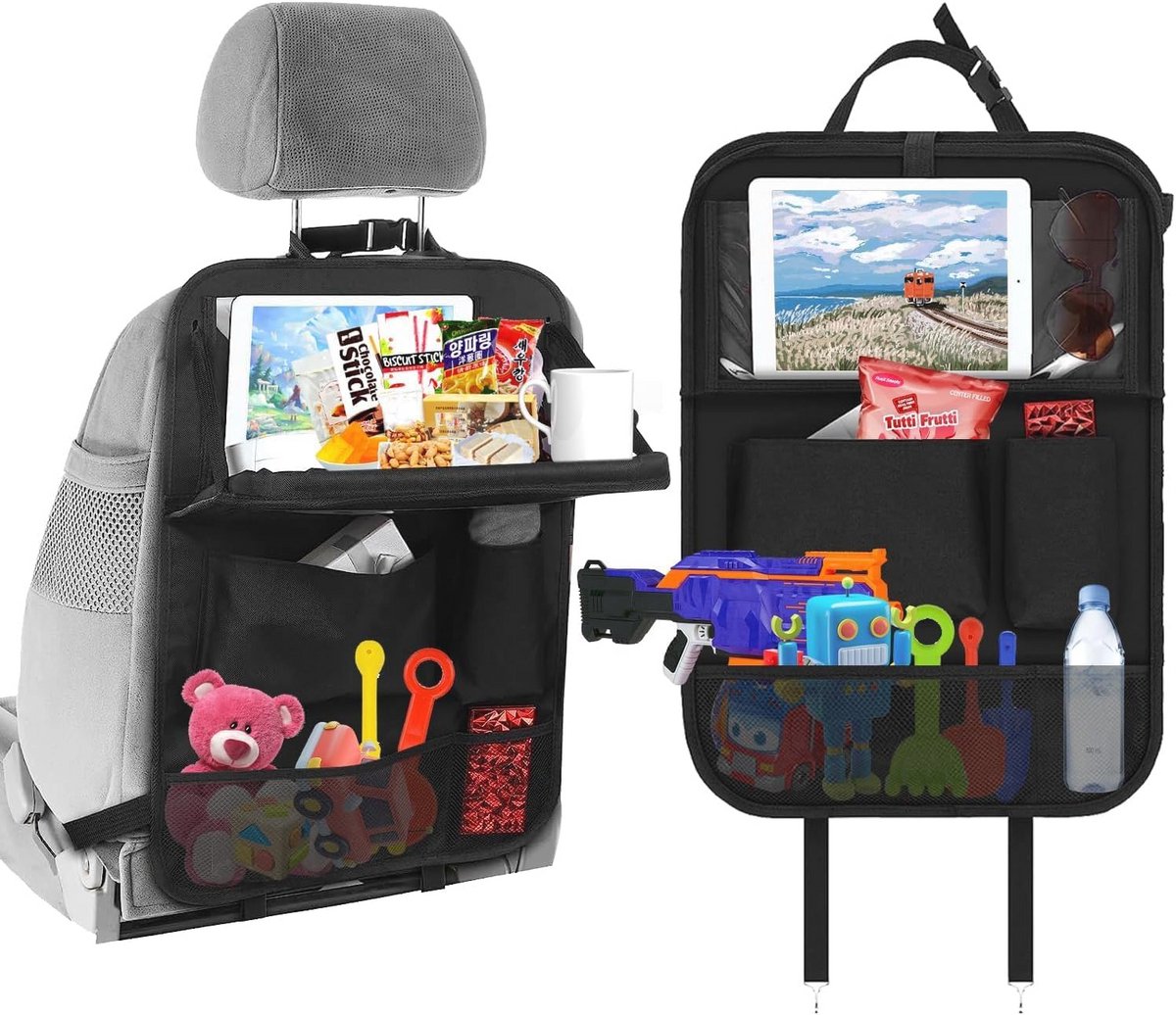 Auto rugleuningbescherming en stoelen organizer met opvouwbare eettafel en tablet houders