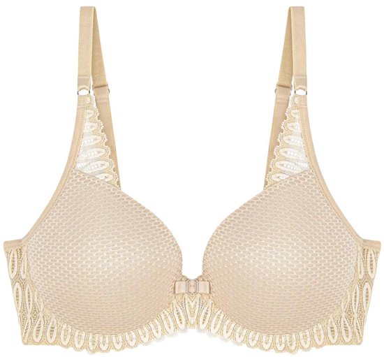 Soutien-gorge à armatures beige à motif hexagonal, bordure en dentelle et détail nœud.