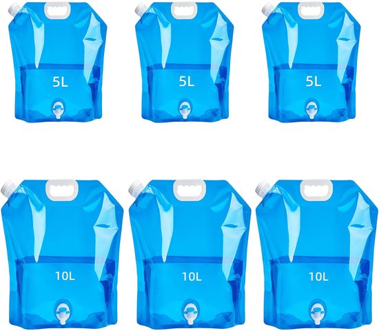 6 stuks - Opvouwbare waterop slagzakken - Met kraan - 5 en 10 Liter - Watercontainer - Noodwaterfles - Campingwaterjerrycan - Watertank - Draagbare waterzak - Noodpakket - Voor buitensporten, kamperen, wandelen, picknick, barbecue - Blauw