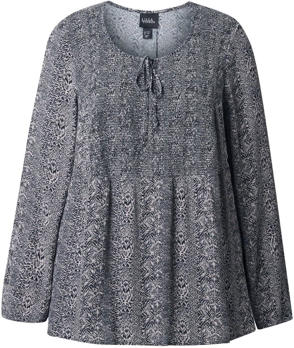 Ulla Popken - Dames - Blouse met smokwerk strikbandje ronde hals lange mouwen - Donker kiezel - Maat 42+