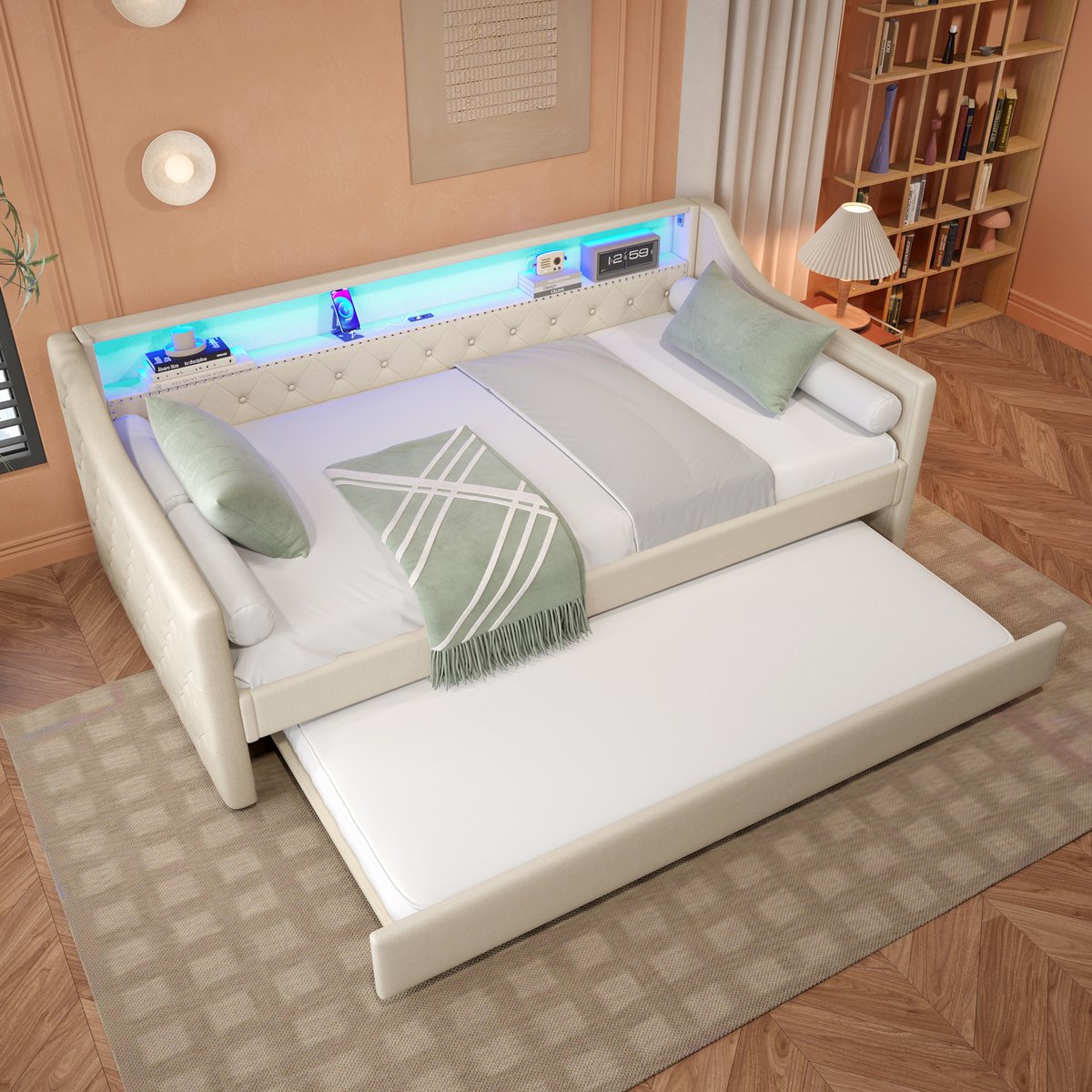 Merax Slaapbank 90 x 200 cm - met LED-verlichting - met uitschuifbaar bed - USB-oplaadpoort - beige - zonder matras