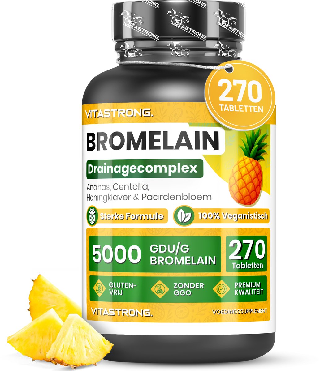Vitastrong Bromelain 5000 GDU – Drainagecomplex met Ananas, Centella & Paardenbloem – Vegan, Glutenvrij – 270 Tabletten voor Natuurlijke Ontzwelling & Spijsverteringsondersteuning