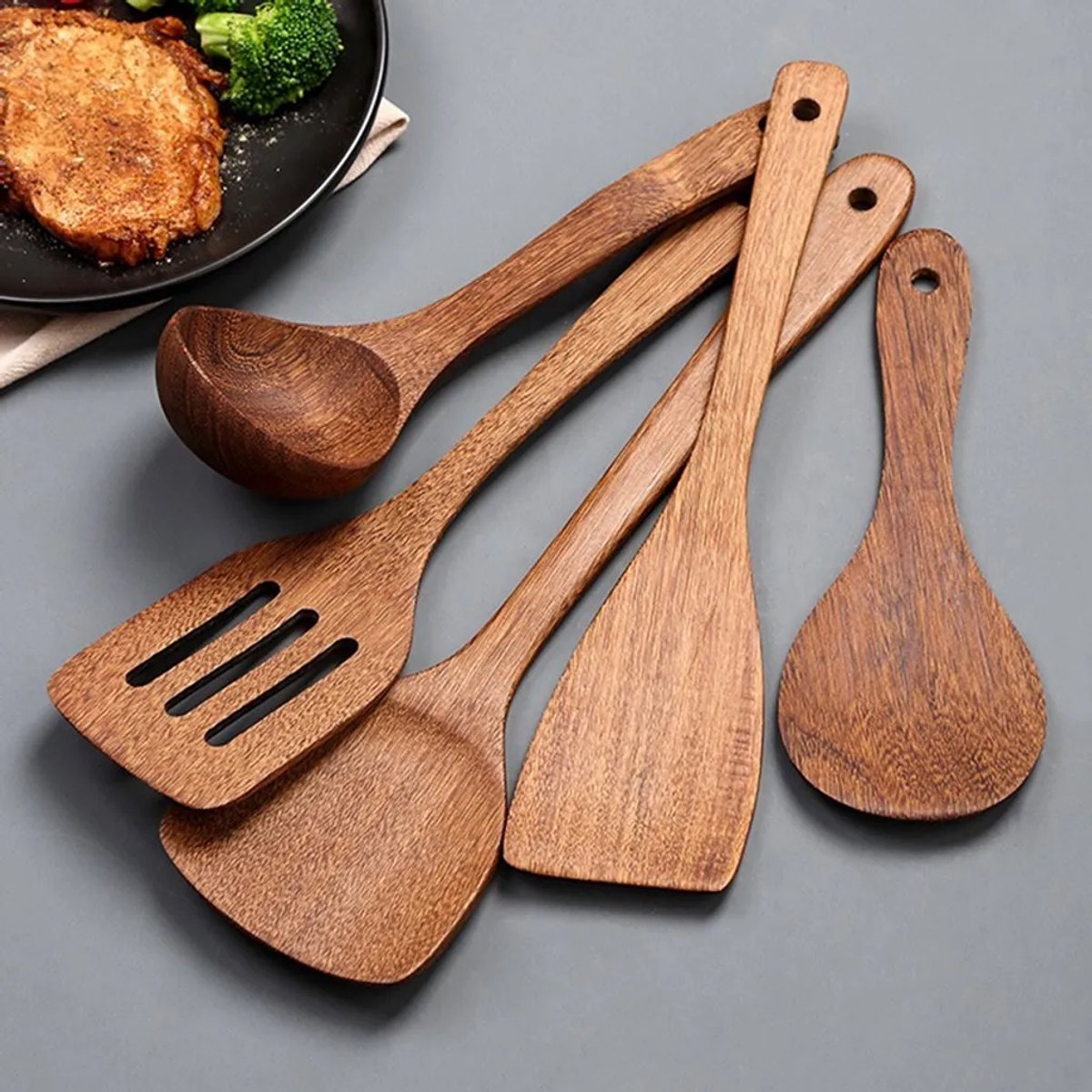 5-delige houten kooklepelset, bruin, krasvast, hittebestendig
