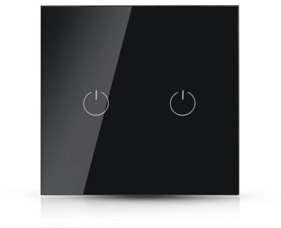 Zwarte, glazen WiFi touch schakelaar met 2 ronde toetsen met aan/uit symbool.