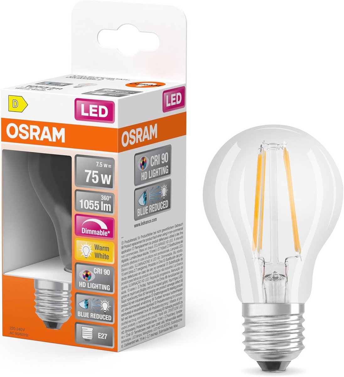 Dimbare LED Lamp met Hoge Kleurweergave, E27 Filament Optiek, Warm Wit (2700K), 1055 Lumen, Vervanger voor 75W Lamp