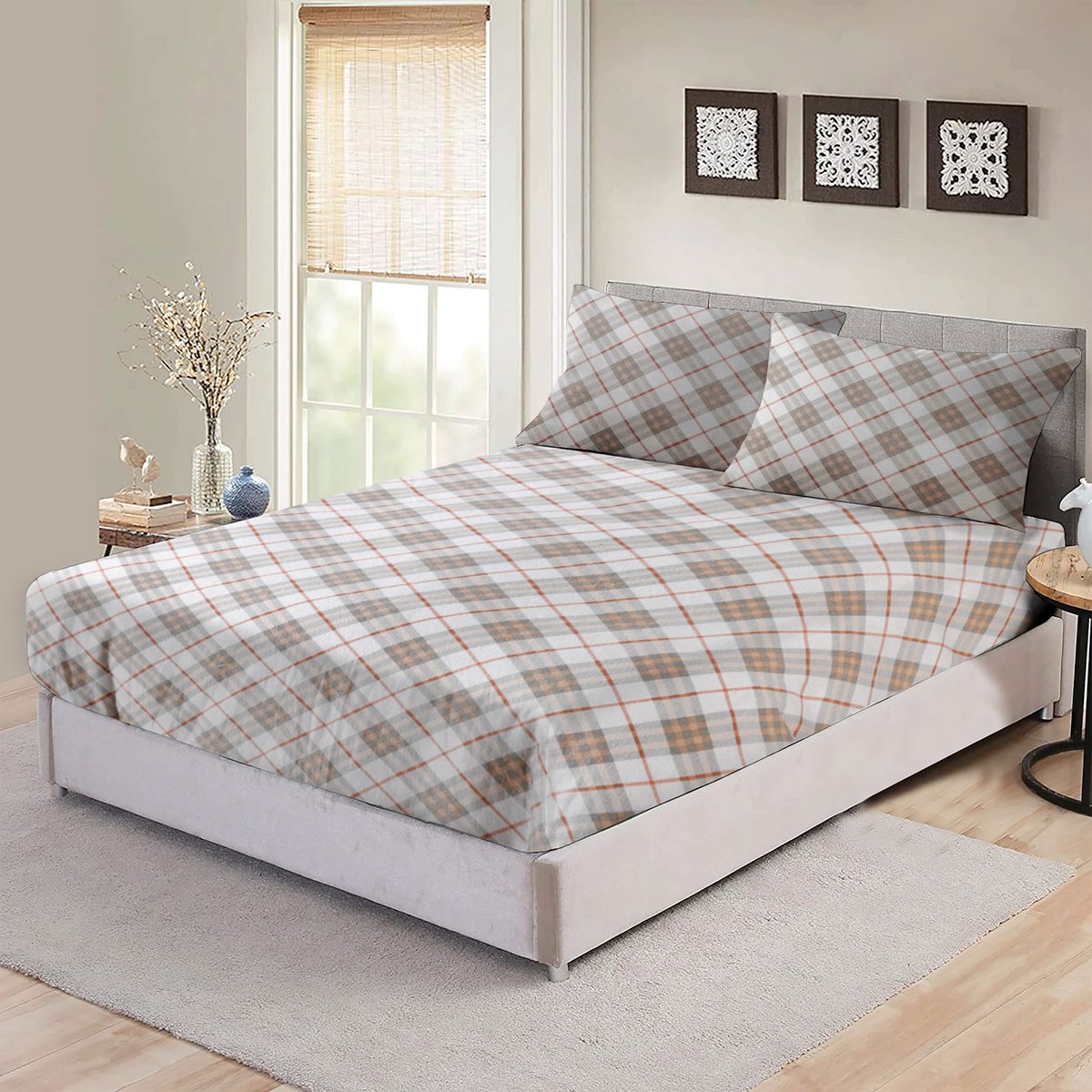 Bed Glow & Apparel Flanel Hoeslaken en 2 Kussensloops Set – 100% Flanel – 140x200 cm + 60x70 cm – Zacht, Duurzaam & Huidvriendelijk –Ideaal voor Elke Slaapkamerstijl - Vierkanten patroon